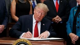 President Donald Trump signs an executive order on health care in the Roosevelt Room of the White House, Thursday, Oct. 12, 2017, in Washington. (AP Photo/Evan Vucci)