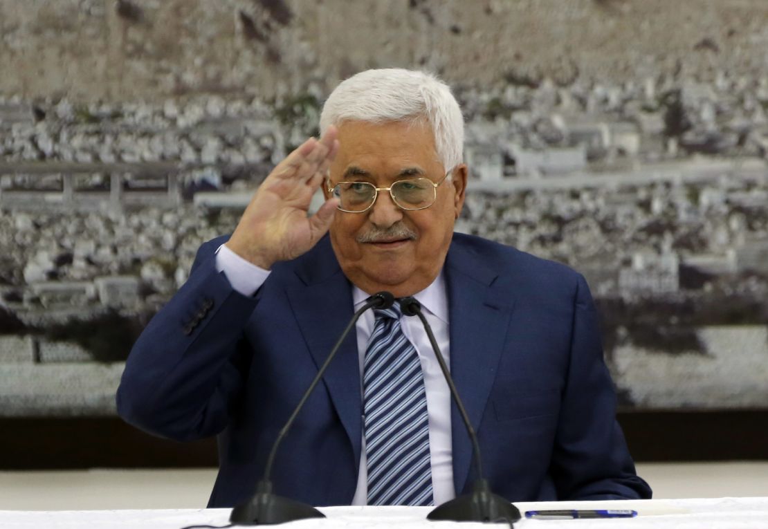 Palestinian Authority President Mahmoud Abbas speaks during a meeting of the Palestinian leadership in Ramallah ahead of Palestinian Prime Minister Rami Hamdallah's visit to Gaza.