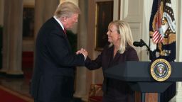 WASHINGTON, DC - OCTOBER 12:  U.S. President Donald Trump shakes the hand of White House Deputy Chief of Staff Kirstjen Nielsen during a nomination announcement at the East Room of the White House October 12, 2017 in Washington, DC. President Trump has nominated Nielsen to be the next homeland security secretary, the position that has left vacant by Chief of Staff John Kelly.  
