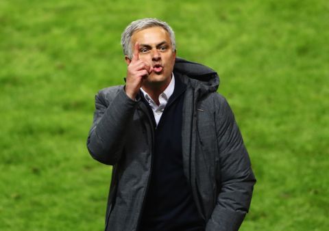 During Mourinho's first season in charge at Old Trafford, United won the League Cup as well as the Europa League. Here Mourinho is pictured celebrating the Europa League final win against Ajax in Stockholm.