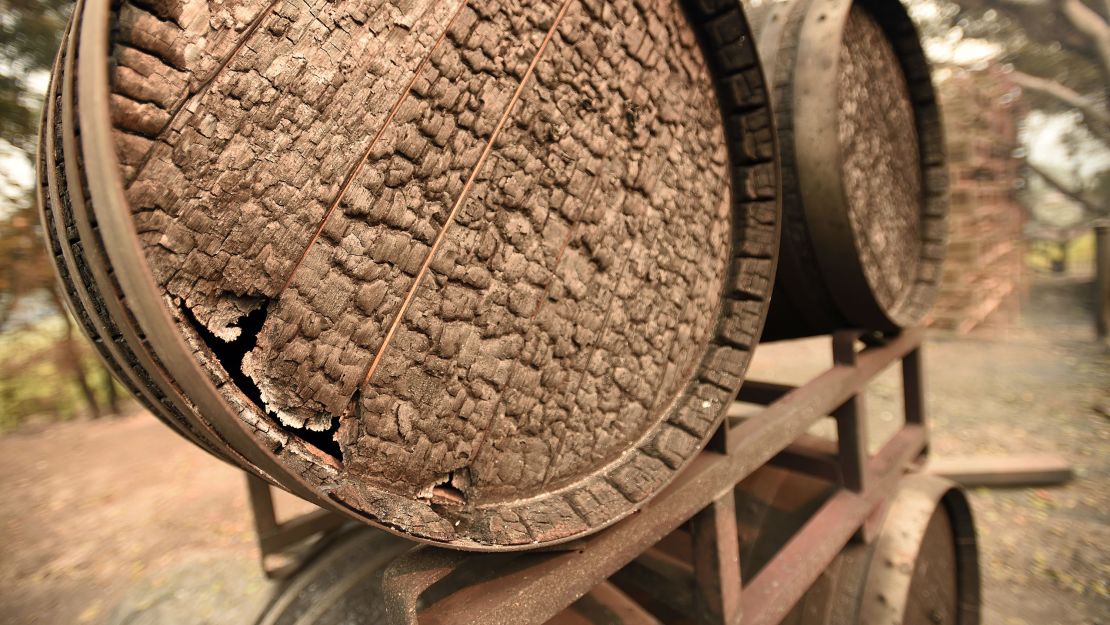 Burned wine barrels at Paradise Ridge Winery in Santa Rosa, California.