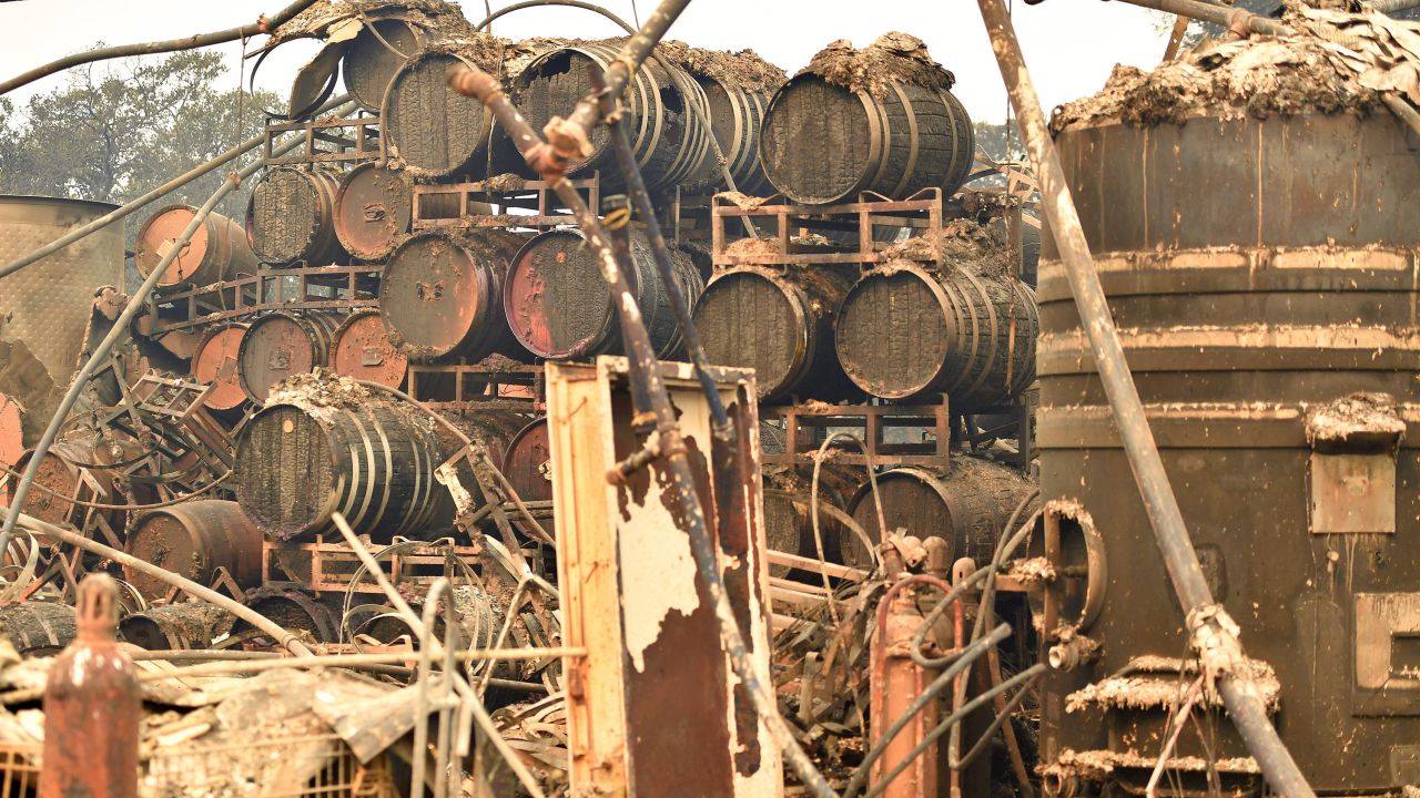 Burned wine barrels are seen at the destroyed Paradise Ridge Winery in Santa Rosa on October 10.