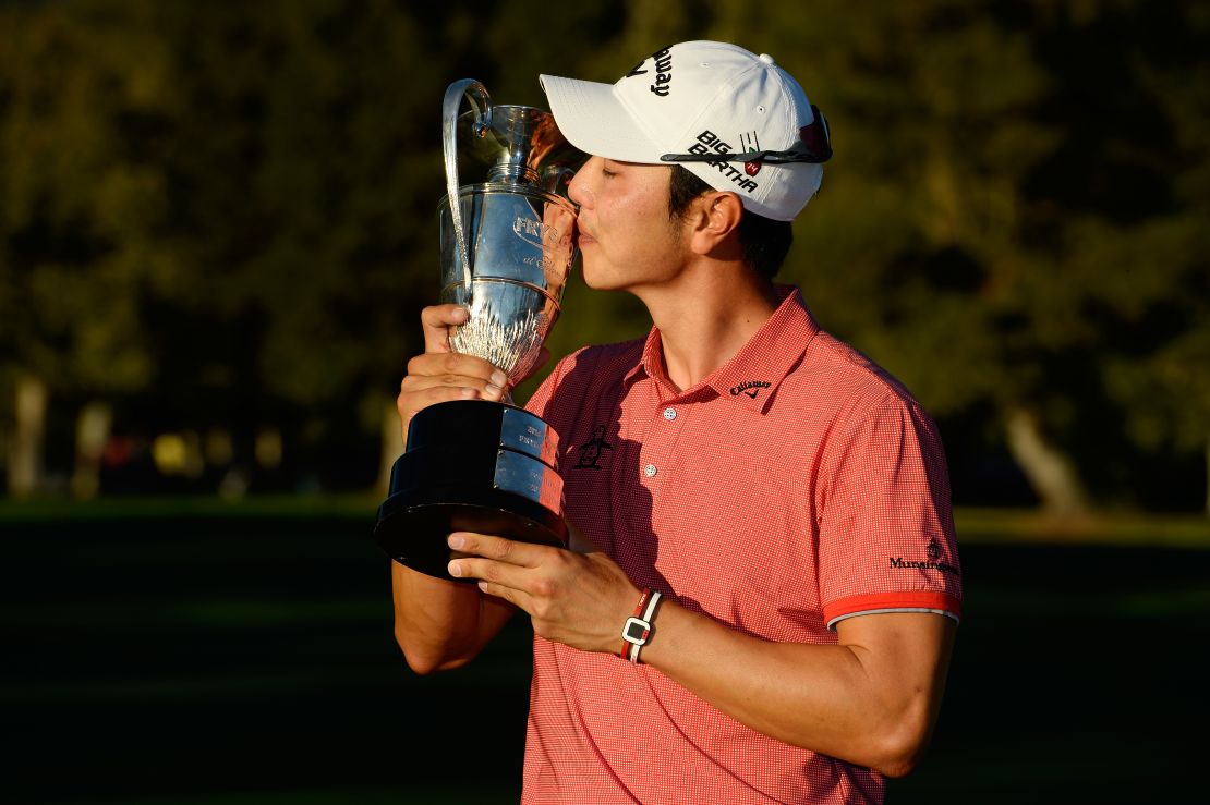 Sang-moon Bae celebrates winning the Frys.com open in 2015.