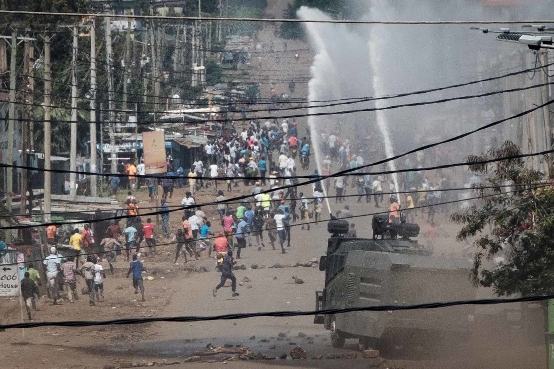 Police spray water cannons to disperse opposition protesters last week in Kisumu, Kenya.