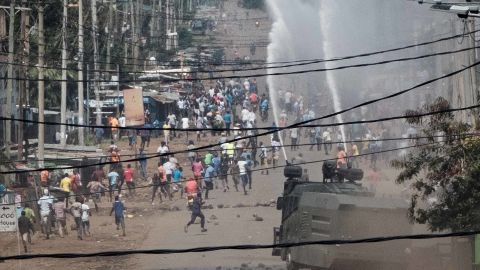 Police spray water cannons to disperse opposition protesters last week in Kisumu, Kenya.