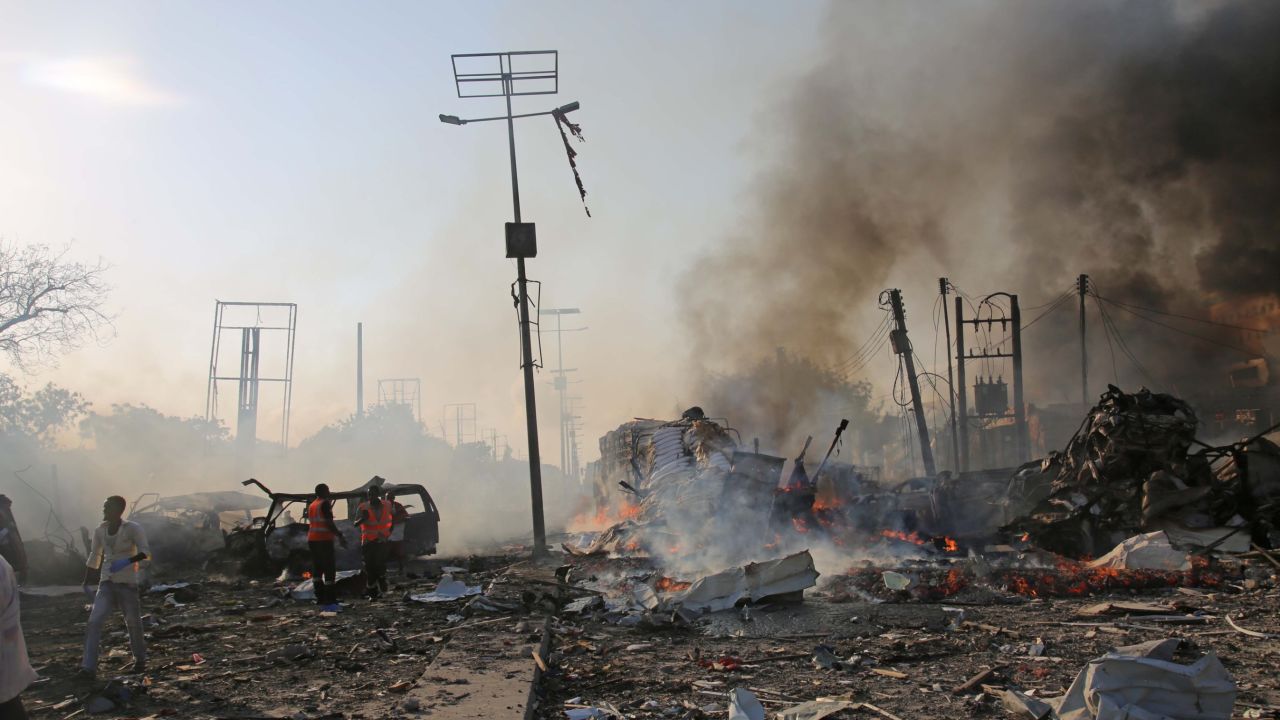 Destroyed vehicles at the scene of Saturday's explosion.