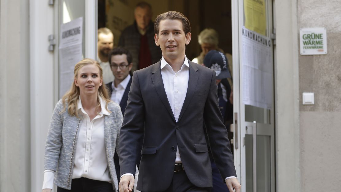 Sebastian Kurz and his girlfriend, Susanne Thier, leaving a polling station after voting in Vienna on Sunday.