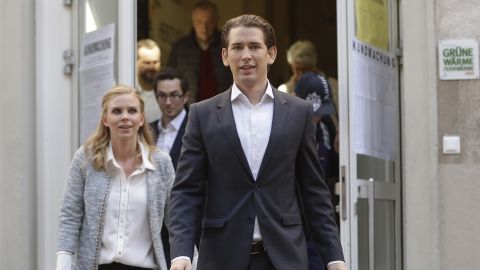 Sebastian Kurz and his girlfriend, Susanne Thier, leaving a polling station after voting in Vienna on Sunday.
