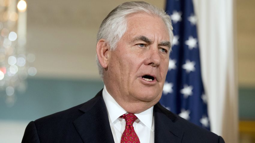 Secretary of State Rex Tillerson answers a reporters question while greeting Organization of American States Secretary-General Luis Almagro at the State Department, Friday, Oct. 13, 2017, in Washington.