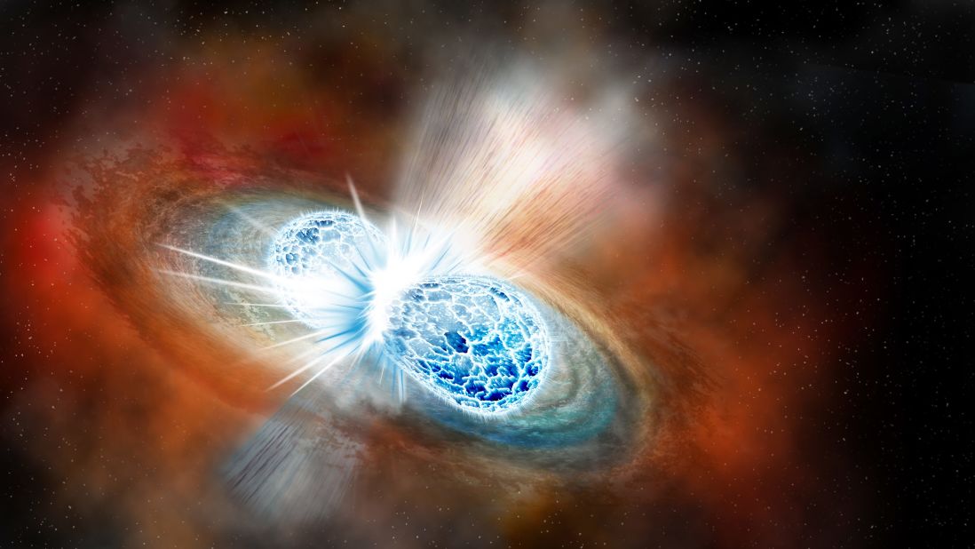 This is an artist's representation of two neutron stars colliding, which astronomers witnessed for the first time on August 17. The rippling space-time grid represents gravitational waves that travel out from the collision, while the narrow beams show the bursts of gamma rays that are shot out just seconds after the gravitational waves. Swirling clouds of material ejected from the merging stars are also depicted. The clouds glow with visible and other wavelengths of light.