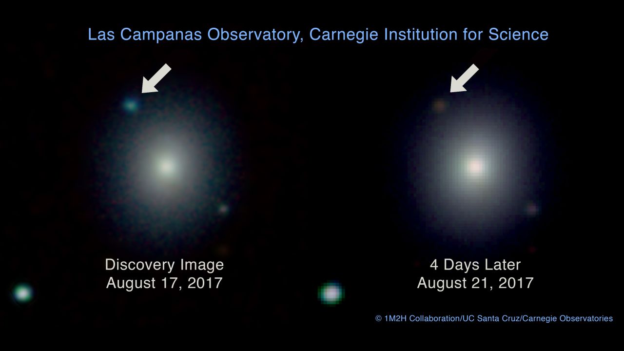 On the left, this Carnegie Observatories image shows the brightness of the stars colliding in the upper left corner on the day it happened. This is juxtaposed with the image on the right of the reddish-brown color as the collision cooled in the days after. The image on the left is also the first to capture visual evidence of a gravitational wave source. 