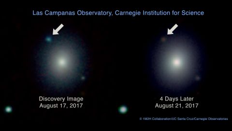 On the left, this Carnegie Observatories image shows the brightness of the stars colliding in the upper left corner on the day it happened. This is juxtaposed with the image on the right of the reddish-brown color as the collision cooled in the days after. The image on the left is also the first to capture visual evidence of a gravitational wave source. 