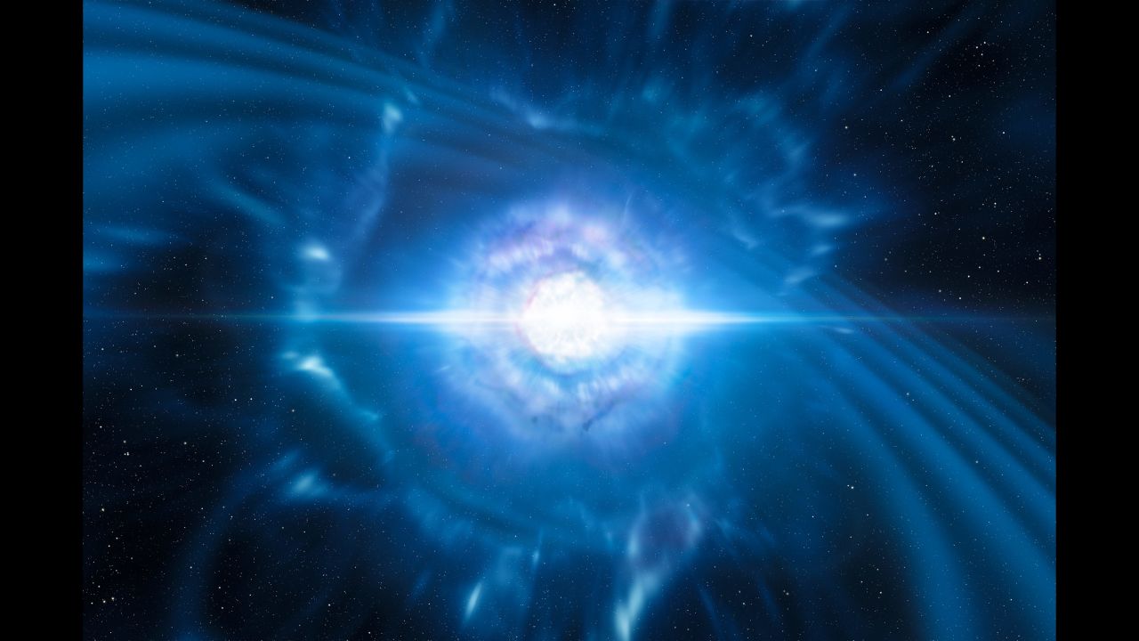This is another artist's impression of two tiny but very dense neutron stars at the point at which they merge and explode as a kilonova. 
