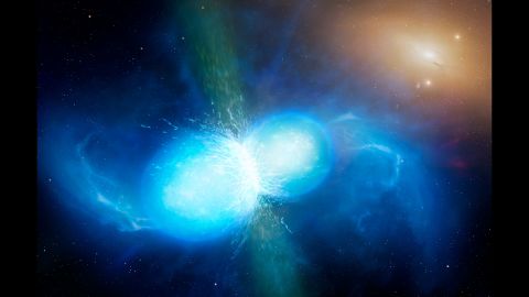 Another artist's illustration showing the moment of impact between the two neutron stars. 