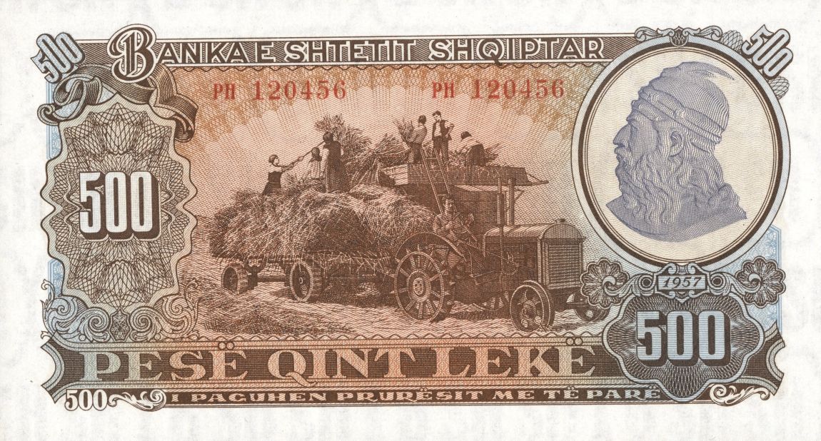 An Albanian note depicts a farming scene and a trailer overloaded with crops. "The goal is to show the latest technologies and the collective farming operations, to convince the urban citizen that collectivization is both desirable and necessary," said Hockenhull.