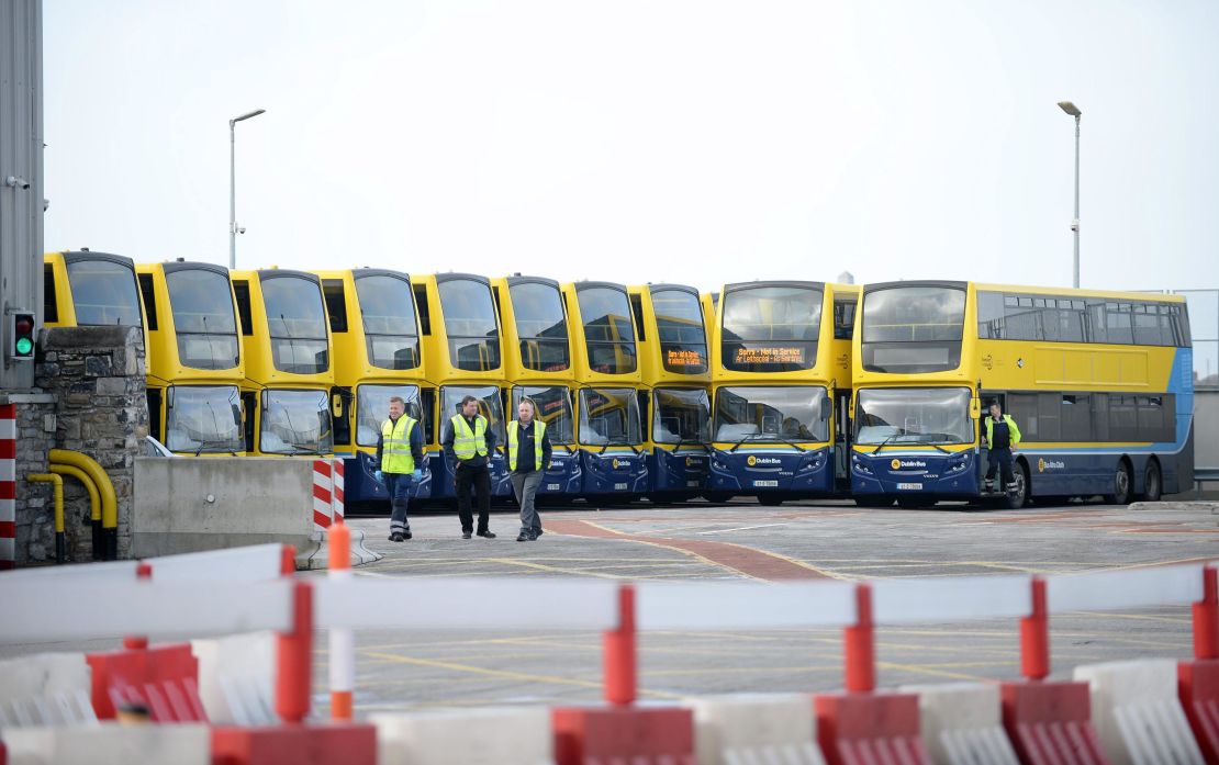 Buses at a depot in Dublin sit idle after services were cancelled due to the storm.