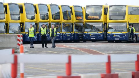 Buses at a depot in Dublin sit idle after services were cancelled due to the storm.