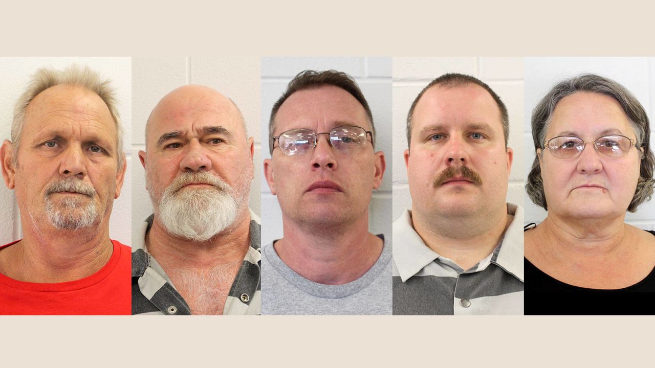 From left, Bill Moore Sr. and Frankie Gebhardt have been charged with murder in Coggins' death, while Gregory Huffman, Lamar Bunn and his mother, Sandra Bunn, have been charged with obstruction, police say.