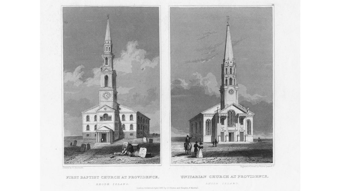 An engraving of Providence's First Baptist Church, circa 1850.