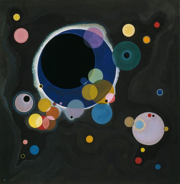 Russian painter Wassily Kandinsky alludes to the cosmos through a series of colored circles set against a black backdrop.