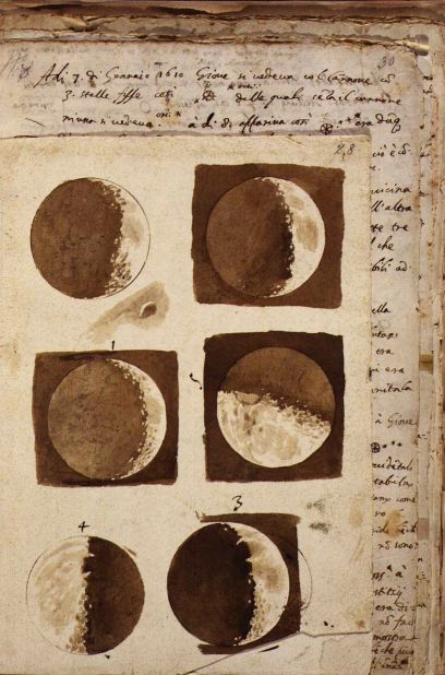 Galileo produced these detailed drawings after observing the moon through a small telescope. Thanks to his artistic training, Galileo realized that he could use the visible shadows to ascertain the moon's topography.