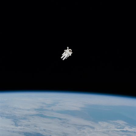 American astronaut Bruce McCandless floats above Earth as he becomes the first person to embark on an untethered spacewalk in 1984.