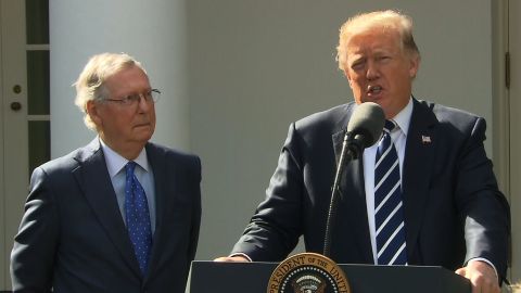 President Donald Trump (right) and Senate Majority Leader Mitch McConnell speak Monday in the White House Rose Garden.
