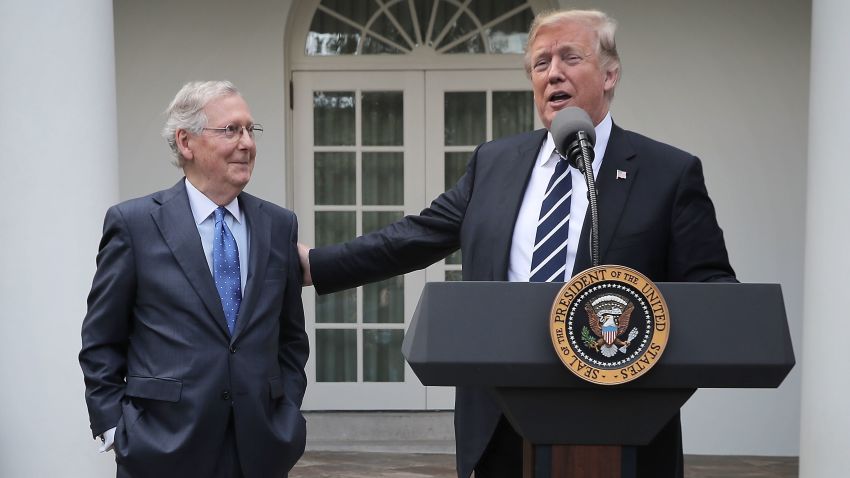 President Donald Trump (R) and Senate Majority Leader Mitch McConnell (R-KY) talk to reporters in the Rose Garden following a lunch meeting at the White House October 16, 2017 in Washington, DC.