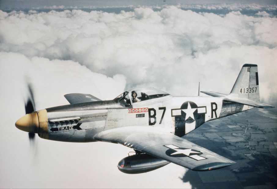 Lieutenant Vernon R. Richards of the 361st Fighter Group flying his P-51D Mustang, nicknamed "Tika IV'" during a bomber escort mission in 1944.