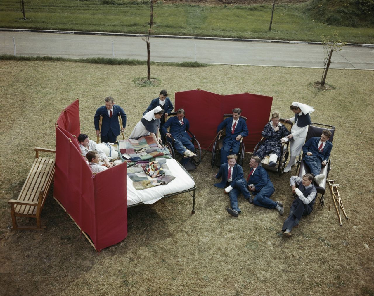 Nurses and convalescent aircrew at Princess Mary's Royal Air Force Hospital at Halton in Buckinghamshire, August 1943. The hospital was opened in 1927, and treated some 20,000 RAF casualties during the War. 