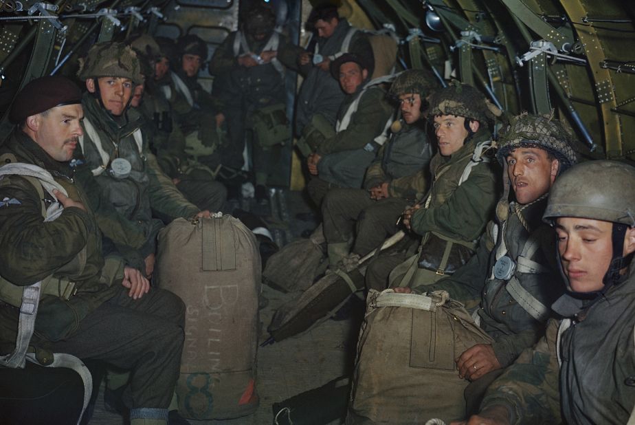 British paratroopers prepare for a practice jump from an RAF Dakota based at Down Ampney in Wiltshire, April 1944.