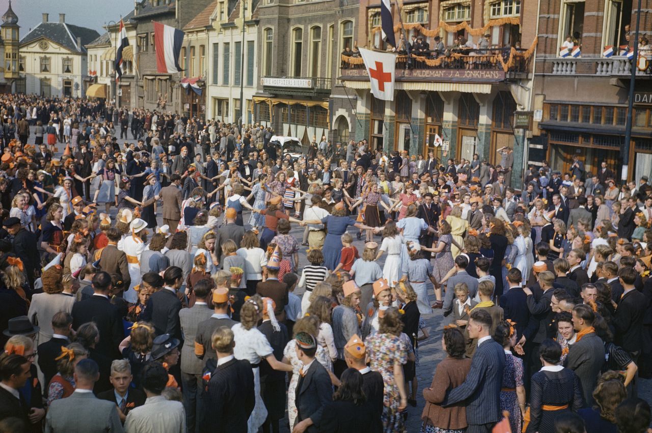 Dutch civilians dance in the streets after the liberation of Eindhoven by Allied forces, September 1944.