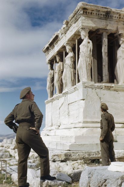 British soldiers admire the Caryatids on the Acropolis while sight-seeing in Athens, October 1944.