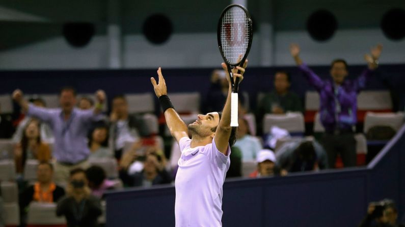 Roger Federer of Switzerland celebrates after defeating Rafael Nadal of Spain in their men's singles final match to win the Shanghai Masters tennis tournament on Sunday, October 15 in Shanghai, China.
