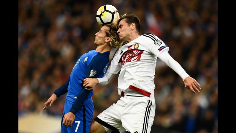 France's forward Antoine Griezmann vies for the ball with Belarus' defender Maksim Volodko during the FIFA World Cup 2018 qualification soccer match between France and Belarus on Tuesday, October 10 in France. 