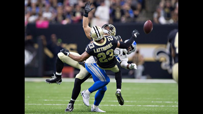 Marshon Lattimore of the New Orleans Saints breaks up a pass thrown to Golden Tate of the Detroit Lions at the Superdome on Sunday, October 15, in New Orleans.  The Saints defeated the Lions 52-38.