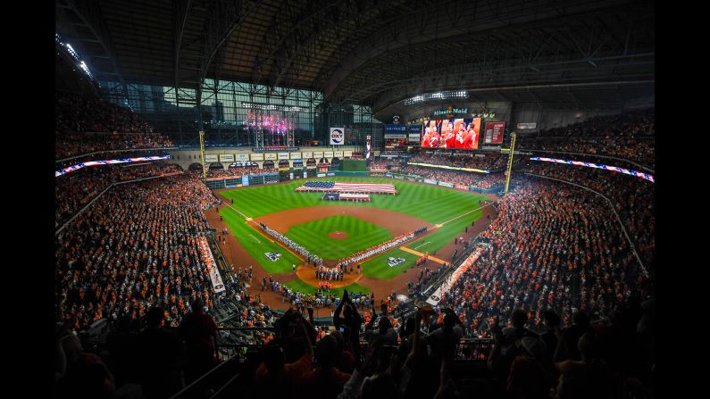 Overall view of the field as the National Anthem plays before Game One of the 2017 ALCS playoff baseball series between the Houston Astros and the New York Yankees on Friday, October 13, in Houston. 