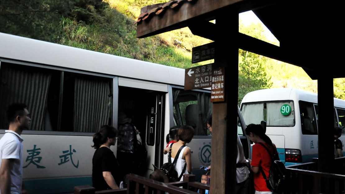 Buses shuttle visitors between different areas of the park.