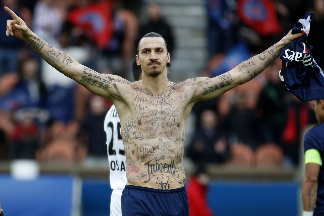 All an illusion? During his time with Paris Saint-Germain, Zlatan Ibrahimovic removed his top to unveil a torso covered in ink. The Manchester United striker revealed this year that, at the time, he had 15 removable tattoos on his body which were "names of real people who are suffering from hunger." Those tattoos have now gone, but there's still plenty of ink left on Zlatan. 
