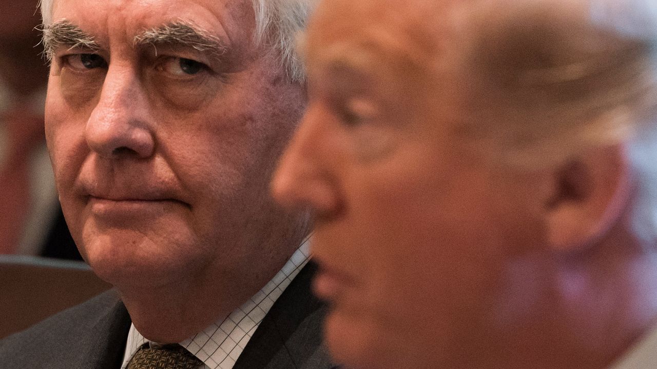 US President Donald Trump speaks alongside Secretary of State Rex Tillerson (L) during a Cabinet Meeting in the Cabinet Room of the White House in Washington, DC, October 16, 2017. / AFP PHOTO / SAUL LOEB        (Photo credit should read SAUL LOEB/AFP/Getty Images)