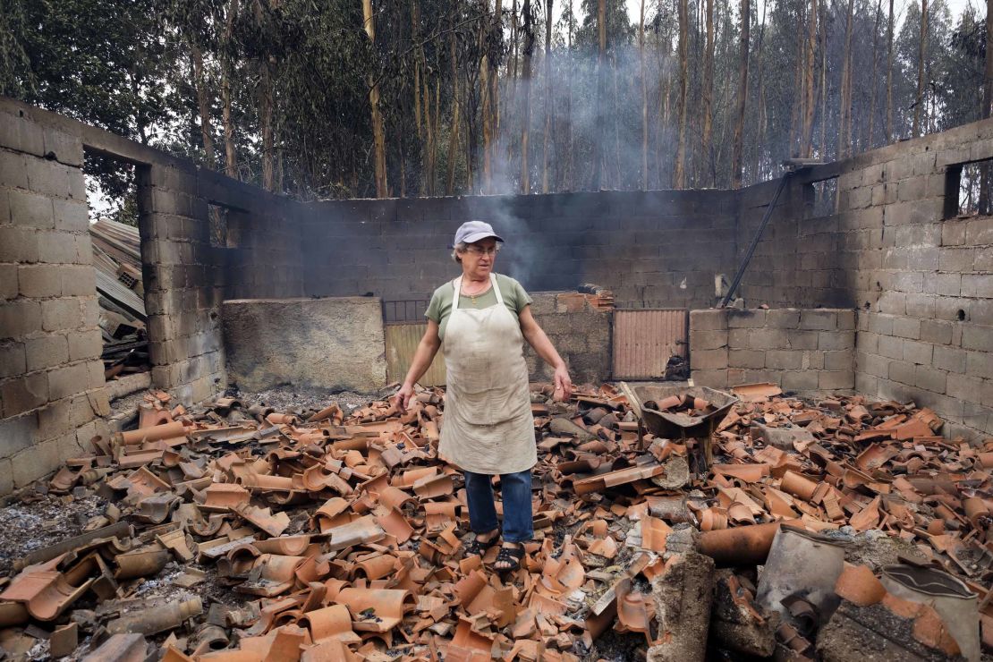 Inocencia Rodrigues, 64, walks among the debris of the burnt shed where she raised chickens and pigs in the village of Sao Joaninho in northern Portugal.