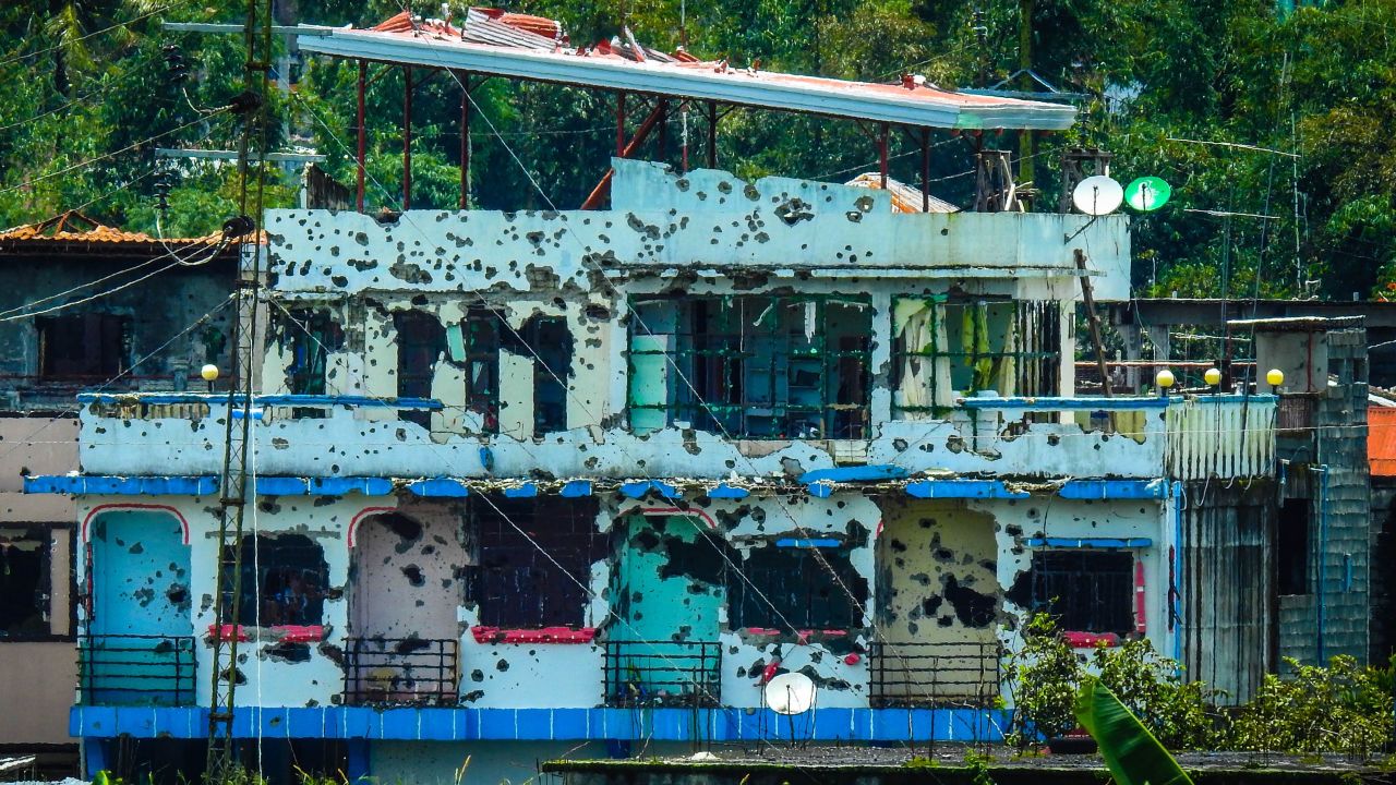Bullet-riddled houses are seen in Marawi on August 28, 2017.