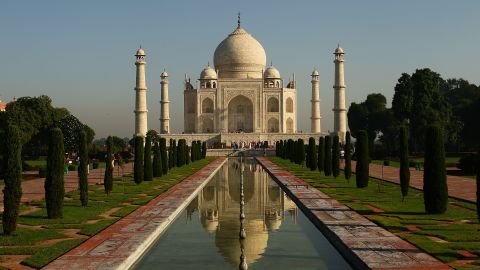 The Taj Mahal, as pictured on September 29, 2010 in Agra, India. The mausoleum was built by the Mughal emperor Shah Jahan in memory of his third wife, Mumtaz Mahal, who is buried there alongside Jahan. 
