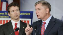 Sen. Rand Paul (R-KY) (L) and Sen. Lindsey Graham (R-SC) speak about their Social Security reform plan at the U.S. Capitol on April 13, 2011 in Washington, DC. )