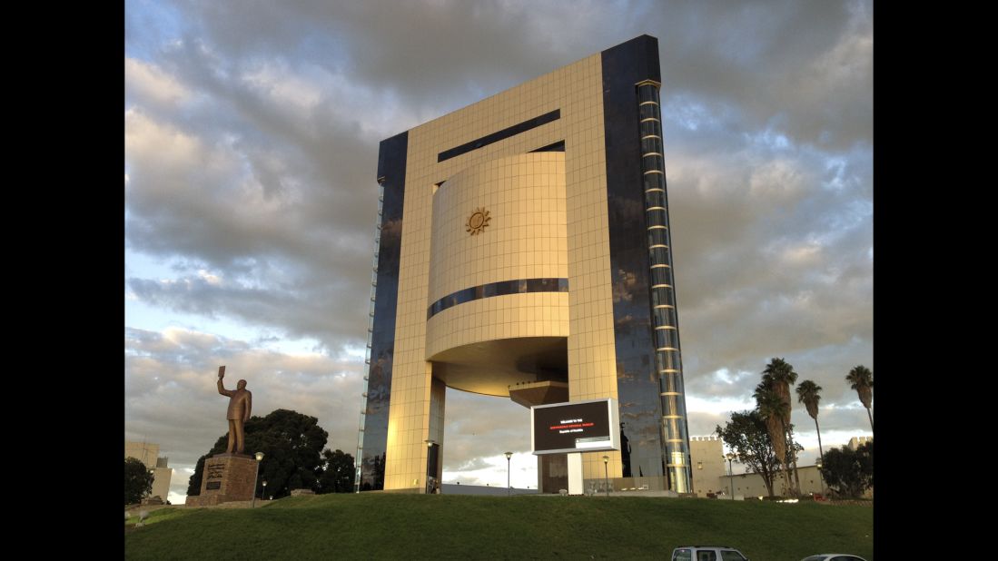 The statue of Sam Nujoma, the first president of Namibia, in front of the new Independence Memorial Museum in Windhoek, Namibia. Both were built by North Korea, according to the UN Panel of Experts on North Korea. It's one of a number of statues and buildings throughout Africa built by North Korean state companies. 