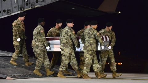 Members of the US Army carry the remains of Staff Sgt. Dustin Wright at Dover Air Force Base in Delaware.