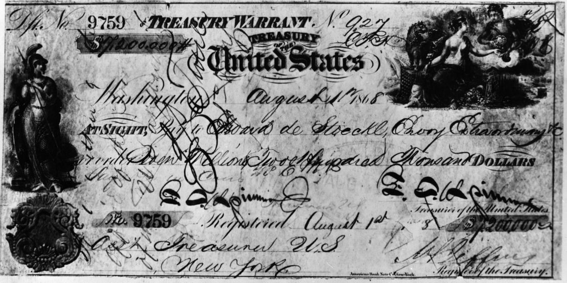 30th March 1867:  The cheque, made out for $ 7,200,000, with which the United States of America purchased Alaska from Russia.  