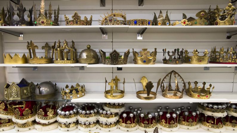 <strong>Crowns:</strong> Crowns are just some of the elaborate headwear found in a storage room filled with headdresses, tiaras and judges' wigs. 