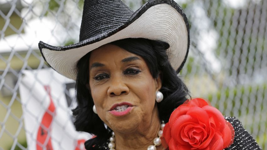 Rep. Frederica Wilson, D-Fla., talks to reporters, Wednesday, Oct. 18, 2017, in Miami Gardens, Fla.