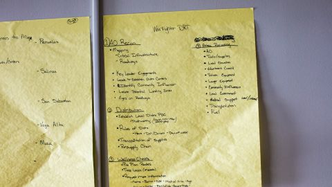 Handwritten lists on the walls of an abandoned baggage claim keep the aid operation on track.